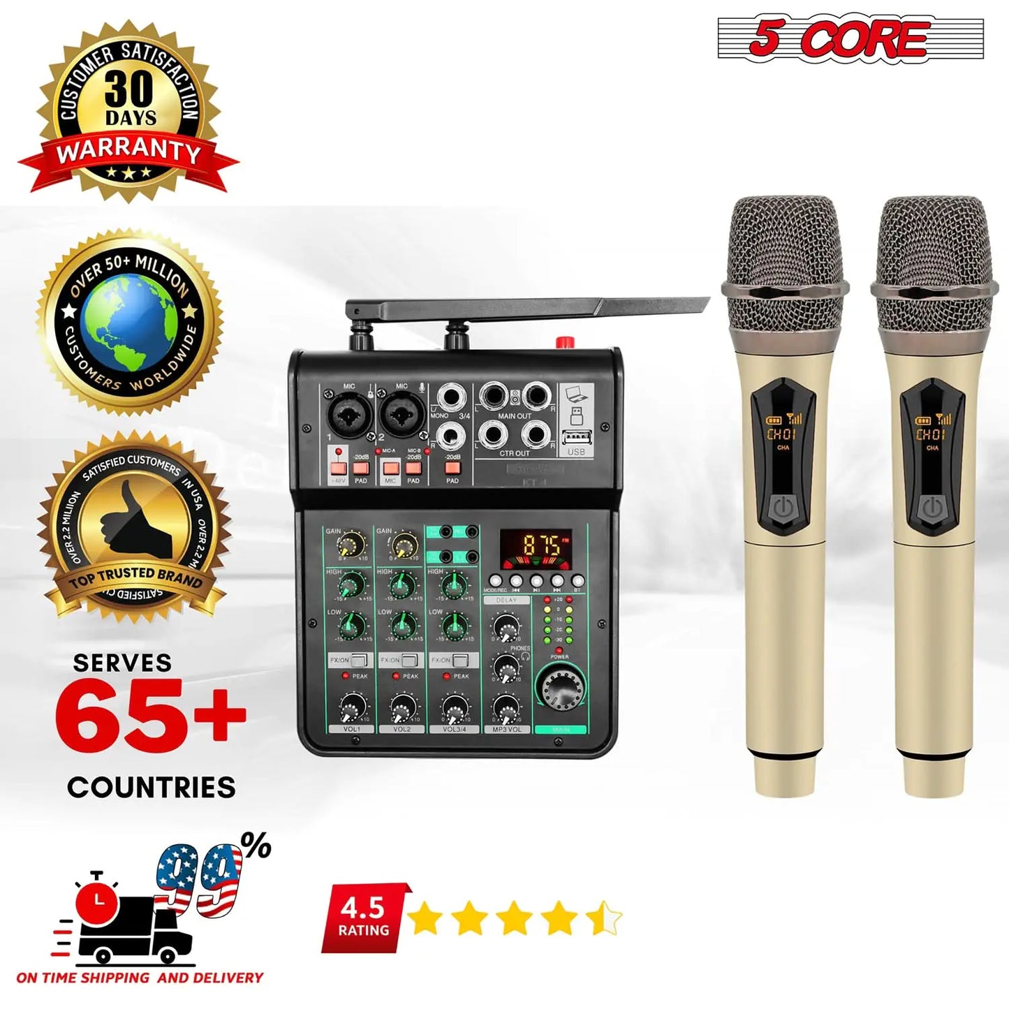 5Core Audio Mixer Sound Board 4 Channel PA DJ Stereo Receiver w Bluetooth USB DJ  PA Karaoke Mixing GOLD