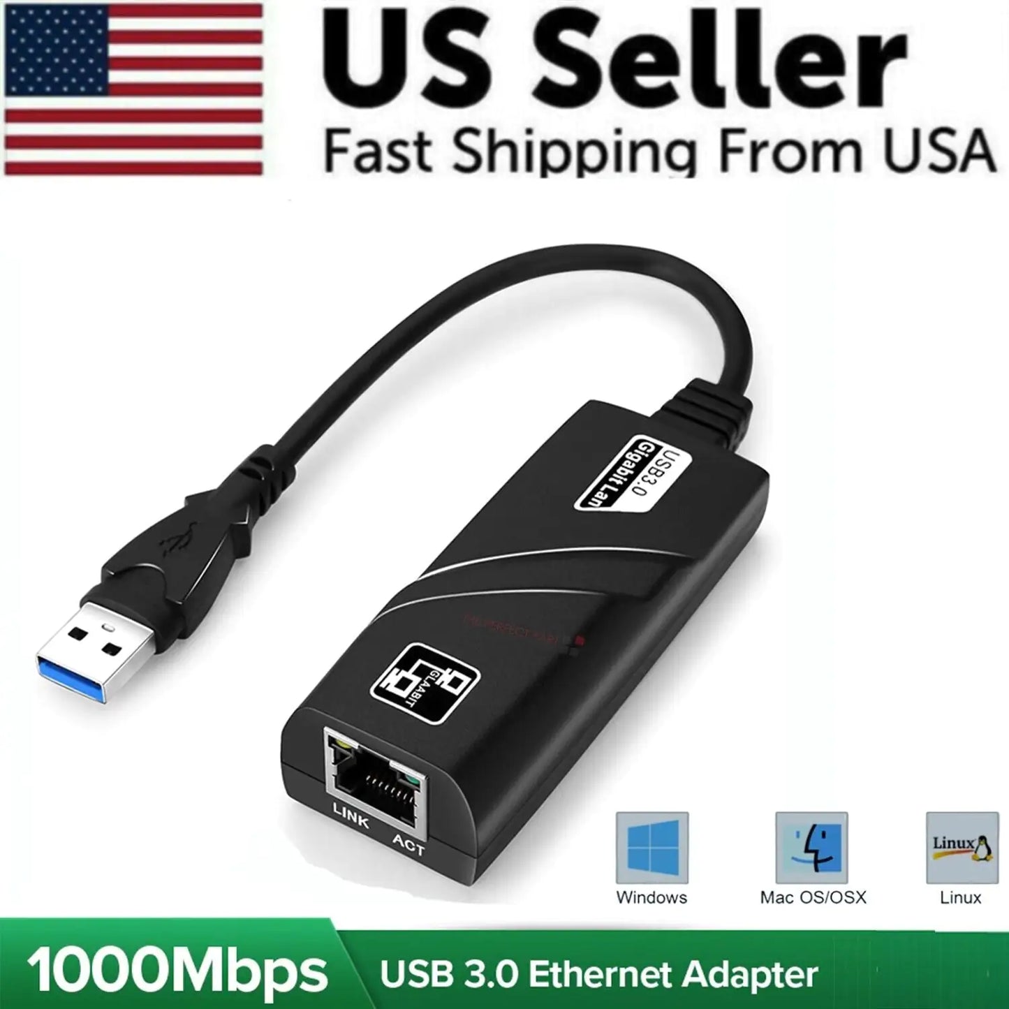 USB 3.0 Gigabit Ethernet LAN RJ45 1000Mbps Network Adapter For Windows PC Mac