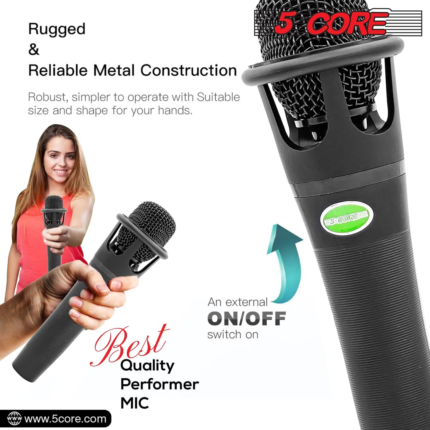 5 CORE XLR Dynamic Metal Mic Audio, Ideal for Singing, Captures Source Sound, Sturdy & Durable, Includes XLR Cable