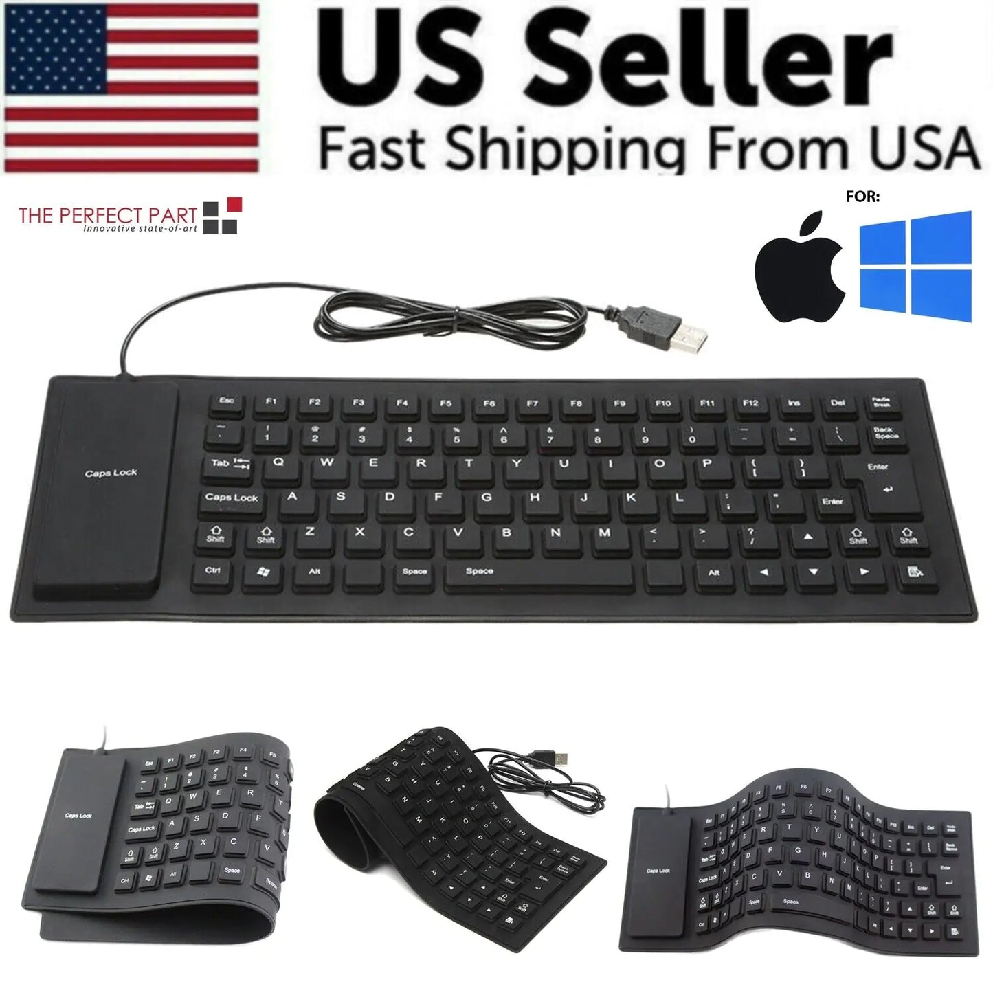 Waterproof Silicone Keyboard Foldable Flexible USB Dustproof DirtProof Full Size